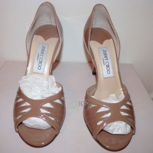 JIMMY CHOO BEIGE PATENT LEATHER PEEKABOO PUMPS 7,